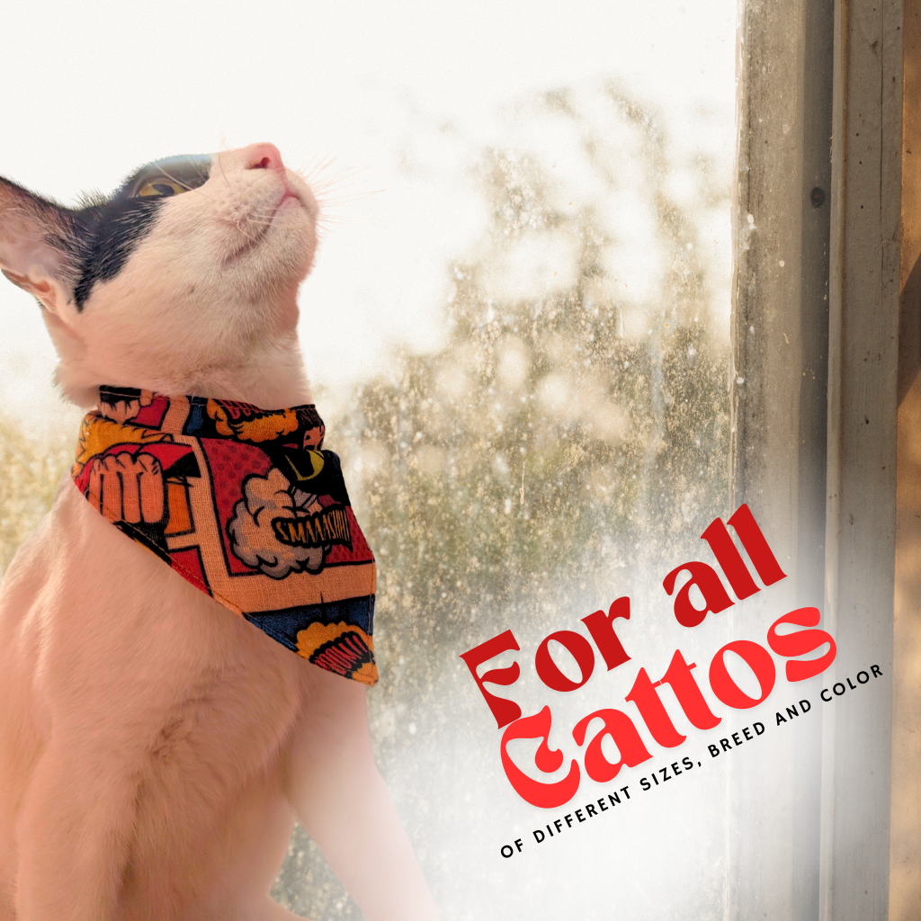 Superhero Print 01 Cat Bandana, One-size, with Buttons for Secure Fasting